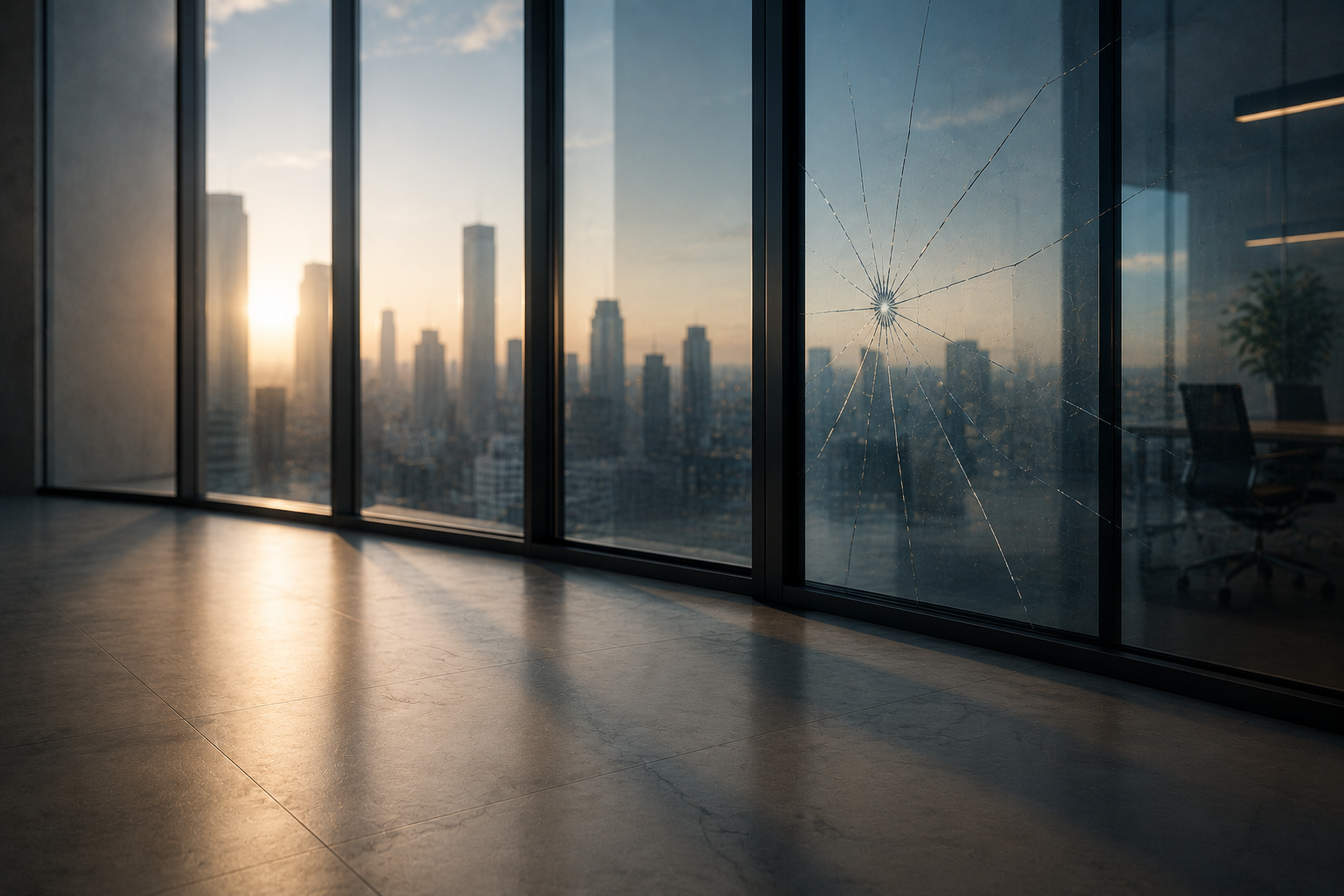 A fracture spreading across an office window overlooking a city skyline.