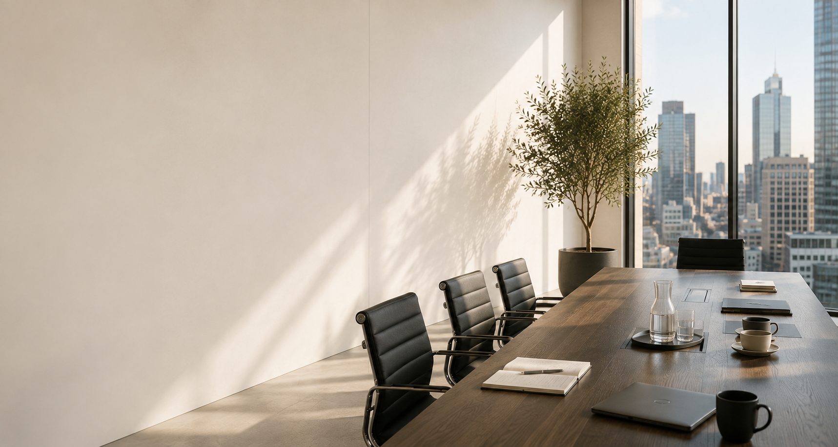 A bright executive conference room with a long table, chairs, an indoor tree, and a city view.