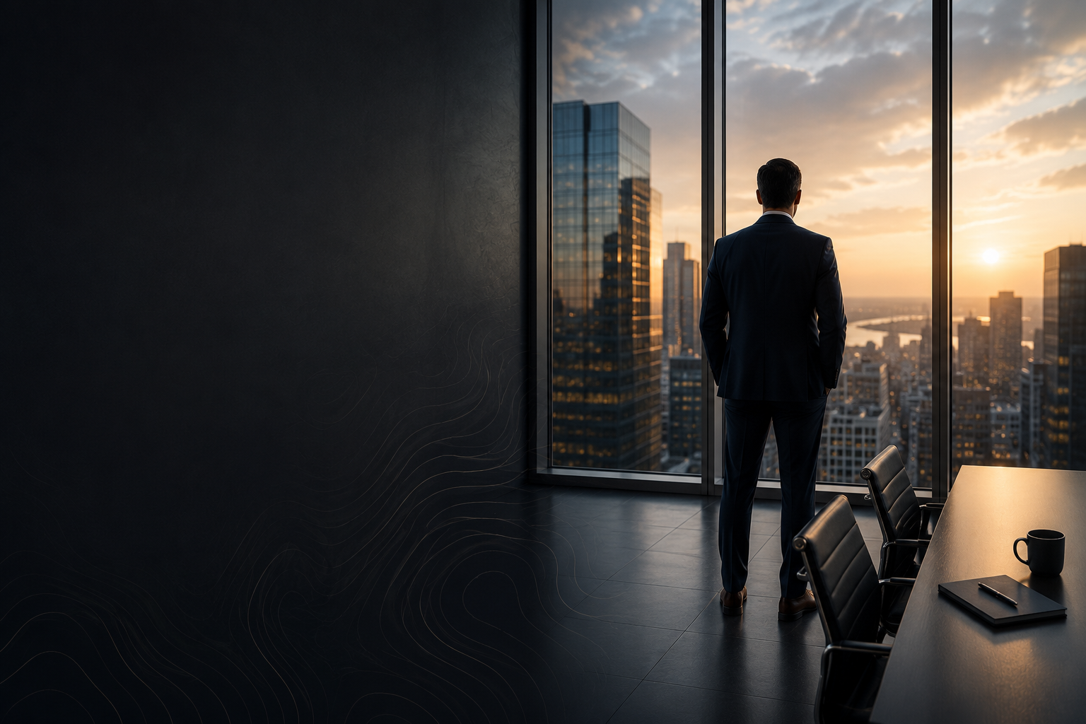 An executive looking across a city skyline from a dark office.